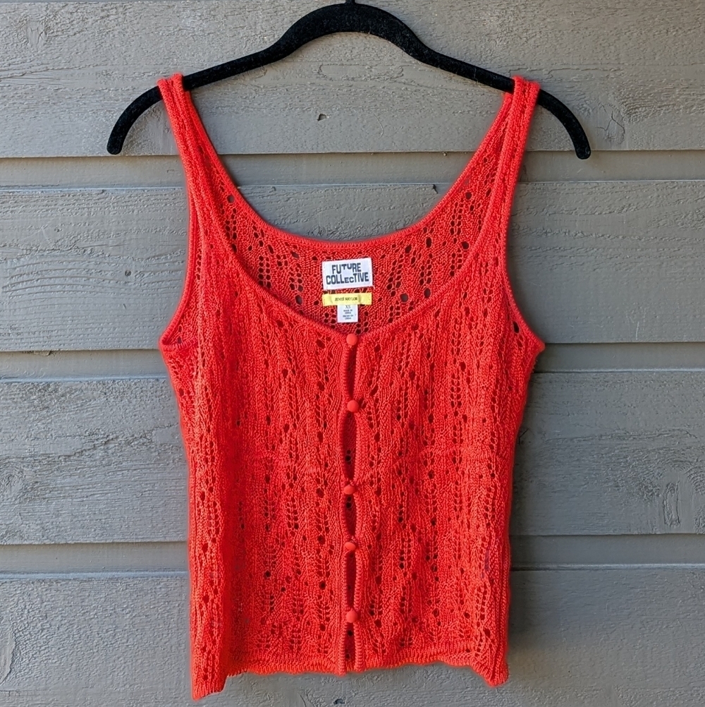 Future Collective Crochet Knit Boho Button Tank Top Flame Red XS